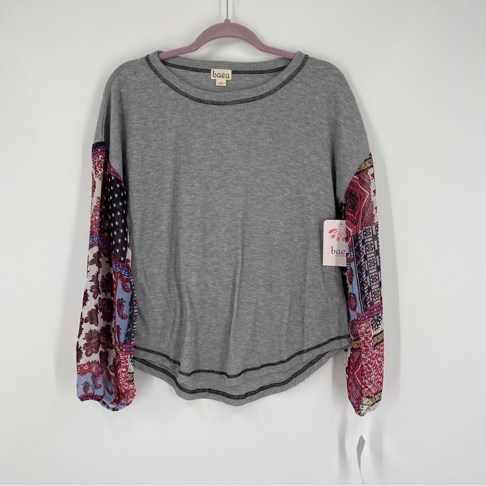 Baea Women’s Round Neck Waffle Knit Sheer Long Sleeve Tee size L